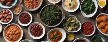 variedades de comidas postas em uma mesa. legumes, grãos, caldos 