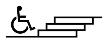 A person in a wheelchair sits at the bottom of a flight of steps