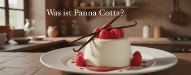 Klassische italienische Panna Cotta mit Vanille und Himbeeren – cremiges Dessert auf weißem Teller i