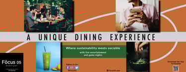 Focus 05 subway ad with dining scenes, food, and drinks. Text about sustainable dining and live entertainment at Focus 05.