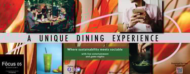 Focus 05 subway ad with dining scenes, food, drinks, and a person holding a smartphone. Flower petals in the background.