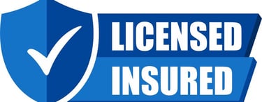 Blue shield icon with a white checkmark next to the text Licensed and Insured for business verification.