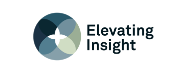 Elevating Insight brand logo featuring a blue and grey circular geometric design on a black background.