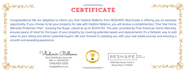 Vladimir Bellemo $1,000 Home Warranty Gift Certificate for Orange County Probate and Senior Listings