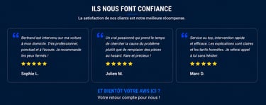 Three five-star customer testimonials for mobile car repair services featuring reviews from Sophie, Julien, and Marc.
