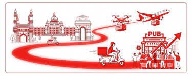 Indian skyline illustration showing intercity food delivery via scooter, drone, and airplane logistics.