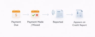 simple diagram showing how payment activity is reported from lender to credit report over time