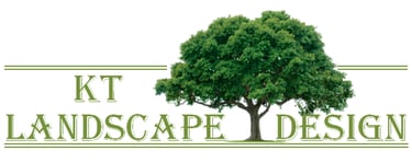 KT Landscape Design logo featuring a large leafy green tree and elegant green typography.
