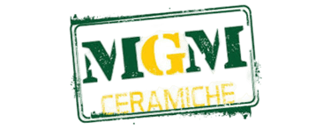 Distressed green and yellow MGM Ceramiche logo for Italian ceramic tile branding.