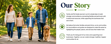 A happy family with two children and a golden retriever walking in a sunny park for the Family and Pet Guide.