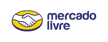 Official Mercado Livre logo featuring a blue handshake icon inside a yellow oval on a black background.