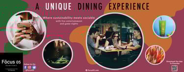Subway ad with circular dining scenes, food, and drinks. Text about sustainable dining and live entertainment at Focus 05.