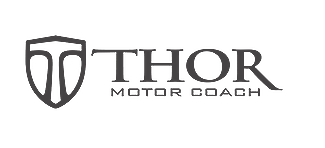 Official Thor Motor Coach logo featuring a shield emblem and company name on a black background.