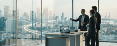 Business professionals in a high-rise office analyze global logistics and digital data overlay.