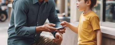 Father talking to young son while holding a wallet on a city street sidewalk.