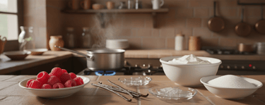 Zutaten für klassisches Panna Cotta Rezept mit Sahne, Vanille und Gelatine auf Holztisch in italieni