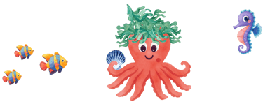 Octavio the octopus has seaweed on his head and is surrounded by fish and a seahorse.