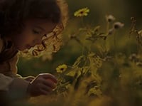 enfant qui cuille une fleur au milieu d'une prairie, accès rubrique Atelier des Alchimistes en Herbe