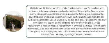 Depoimento de casal sobre a Tenório Filmes, elogiando o vídeo do casamento e agradecendo