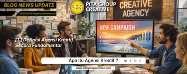 A creative agency team discusses a new marketing campaign on a monitor in a modern office setting.