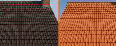 Toiture en tuiles rouges avec cheminée avant après nettoyage