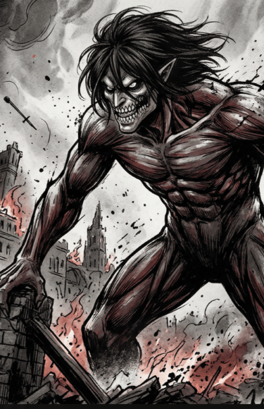 Eren Yeager Attack Titan illustration standing amidst a burning city and destroyed buildings.