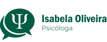 Logo da marca, um balão de conversa verde com o símbolo da psicologia com o nome Isabela Oliveira.