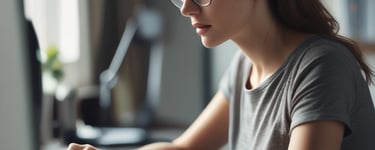 Professional woman with glasses and headset working on a laptop in a home office.