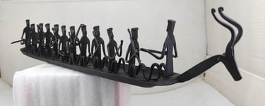 "Handcrafted Bastar Iron Boat Sculpture with Deer Head and 10 Tribal Figures – Right Side View-Suitable for export