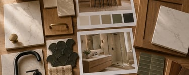 Interior design mood board featuring marble samples, wood cabinets, and matte black kitchen fixtures.