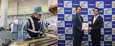 堺工科高校の生徒が空調ウェアを着用して実習する様子と、大阪信用金庫が大阪府教育庁へ寄贈式で空調ウェアを手渡す様子｜堺市のニュースならサカイタイムズ