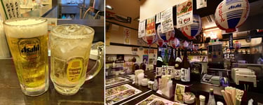 居酒屋「千べろ家ザビエル」のカウンターに並ぶビールとハイボールのグラス、店内の様子を写した写真｜堺市のニュースならサカイタイムズ