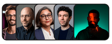 Professional headshots of a diverse creative team of five people against varied studio backgrounds.
