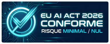 Badge certification EU AI Act 2026 : Conforme Risque Minimal. Design tech bleu marine et cyan.
