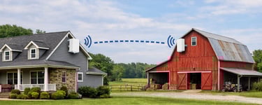 Point-to-point wireless bridge connecting a farmhouse and red barn with high-speed internet.