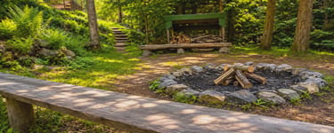 firepit by the stream and seating