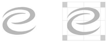 Un logo minimaliste  sur fond noir, montré à côté de sa grille de design technique.