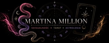Mystical banner for Martina Million featuring a neon snake, zodiac wheel, and tarot card for astrology services.