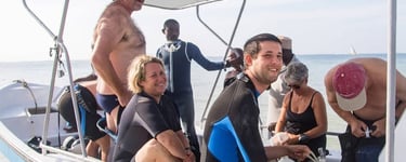 Diver at The Scuba Duka Diving Centre boat Nia about to leave for a diving at the wreck