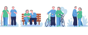 Flat vector illustration of active senior couples walking with canes, sitting on a bench, and cycling.