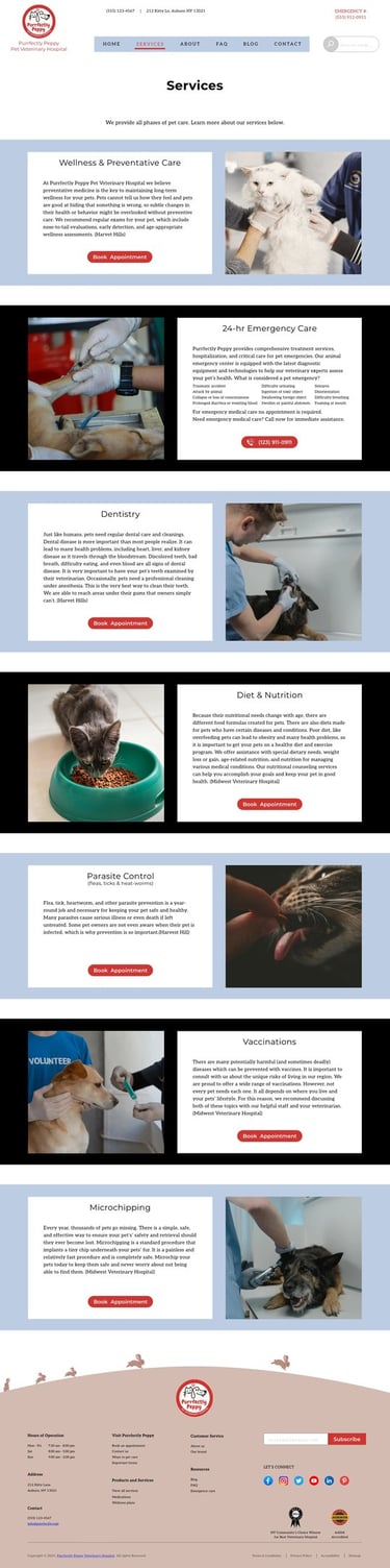 Services webpage design detailing pet services including wellness, emergency care, dentistry, and vaccination.