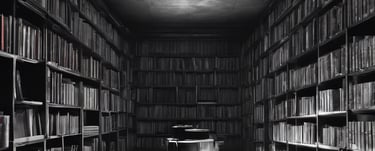 a dusty musical library, full of books and vynils, turntables, black and white Damon Baker texture 