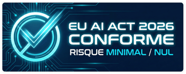 Badge certification EU AI Act 2026 : Conforme Risque Minimal. Design tech bleu marine et cyan.