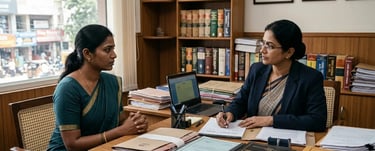 Best women lawyer in Chennai consulting female client on family law and legal rights in office