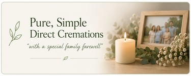 Memorial display for direct cremations service featuring a lit candle and framed family photo.