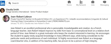 LinkedIn recommendation for Jean-Robert Lebrun, a private French teacher and professional language coach.
