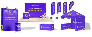 a booth with a purple and white banner