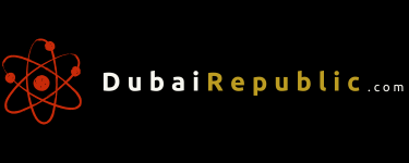 DubaiRepublic.com logo featuring a red atom symbol next to white and orange text on a black background.
