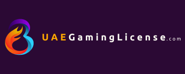 UAE Gaming License logo with a colorful flame icon and text on a dark purple background.