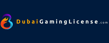 Dubai Gaming License official logo with a colorful flame emblem on a dark blue background.